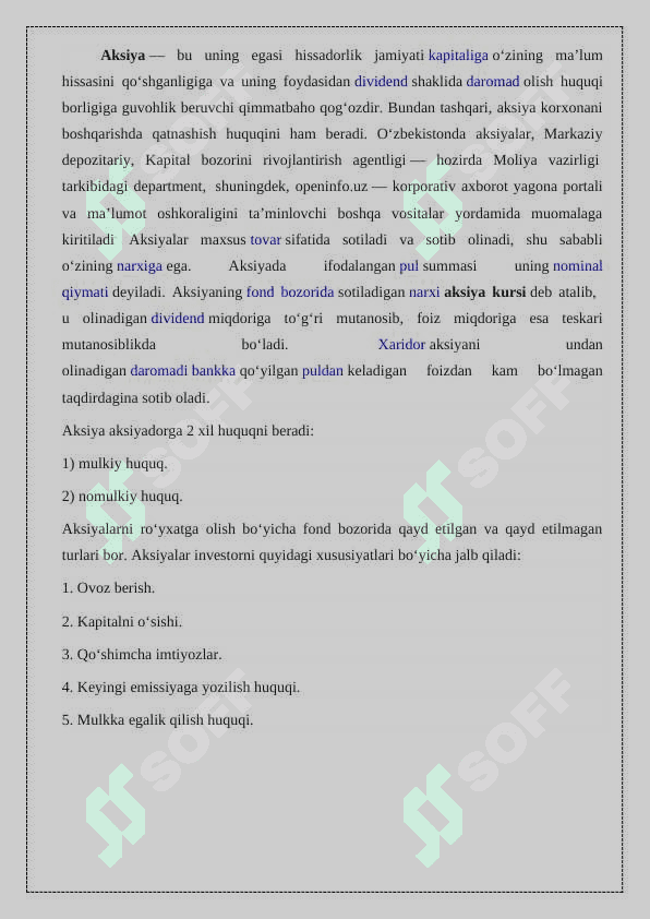 Aksionerlik jamiyatlari va ularning iqtisodiy taraqqiyotdagi o’rni. 5