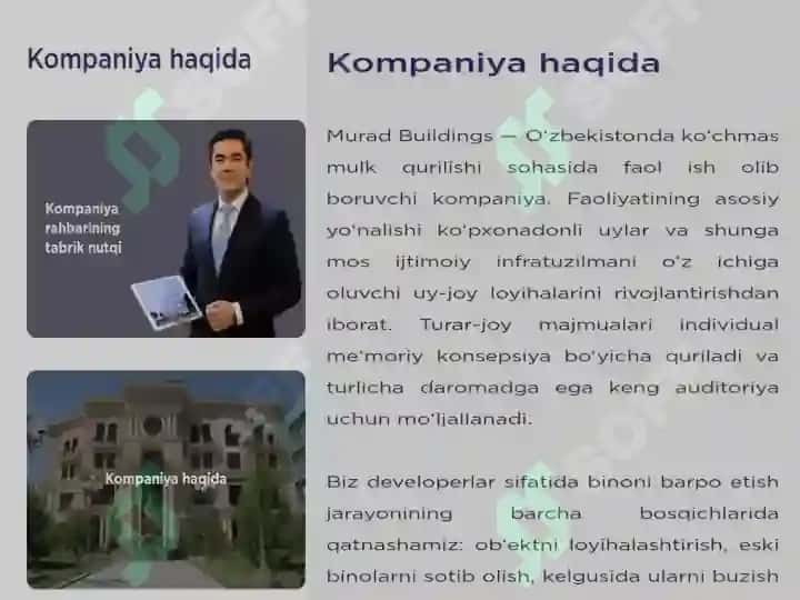 Murad Buildings kompaniyasi haqida slayd. 2