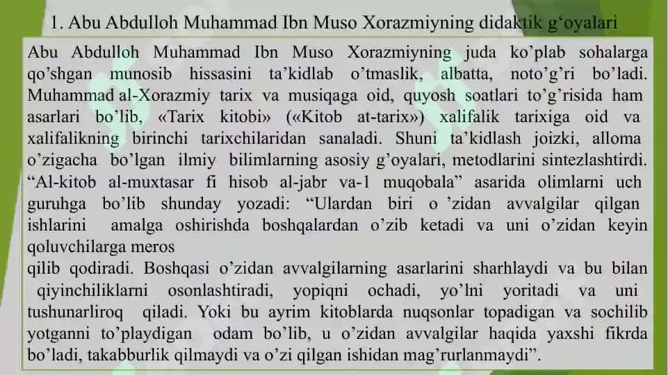 Abu Abdulloh Muhammad Ibn Muso Xorazmiyning didaktik g‘oyalari 3