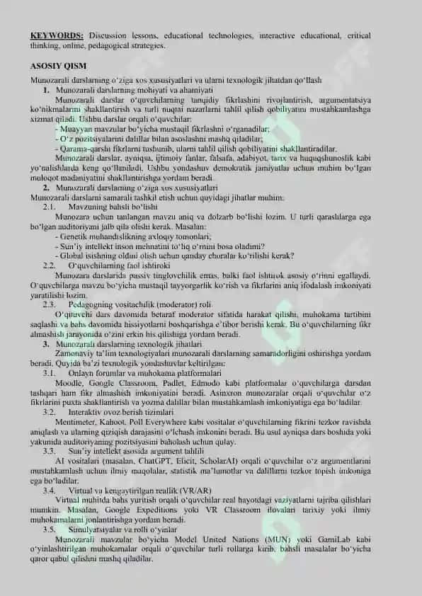 Munozarali Darslarning O'ziga Xos Xususiyatlari va Ularni Texnologiyasini Ishlash 2