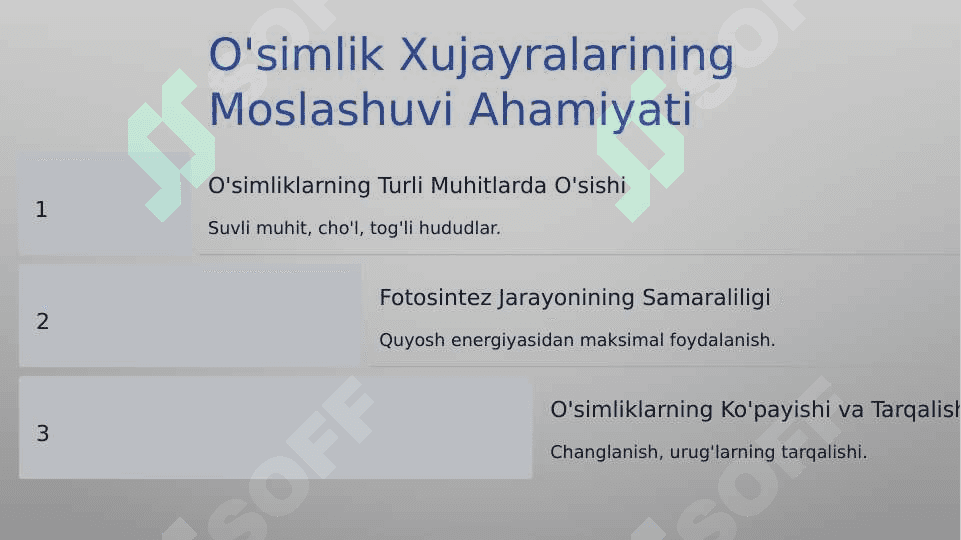 O'simlik va xayvon xujayralarning farqlari, o'simliklarning belgilari 8