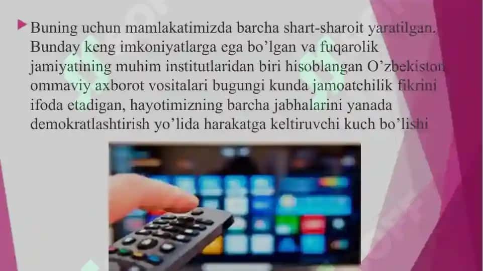 Ommaviy axborot vositalarining (gazeta, TV, radio) bugungi kunda tutgan o‘rni 7