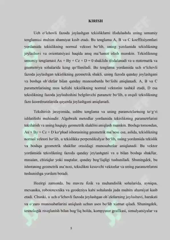 TEKISLIKNING UMUMIY TENGLAMASINI TEKSHIRISH. AX+BY+CZ+D KO‘PHAD ISHORASINING GEOMETRIK MA’NOSI 5