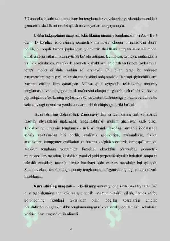 TEKISLIKNING UMUMIY TENGLAMASINI TEKSHIRISH. AX+BY+CZ+D KO‘PHAD ISHORASINING GEOMETRIK MA’NOSI 6