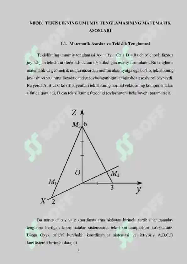 TEKISLIKNING UMUMIY TENGLAMASINI TEKSHIRISH. AX+BY+CZ+D KO‘PHAD ISHORASINING GEOMETRIK MA’NOSI 8