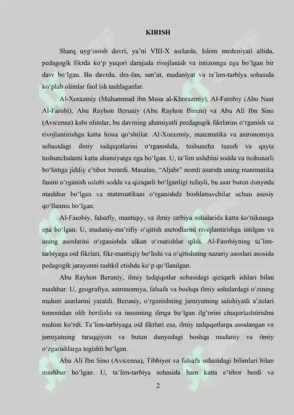 Sharq uyg‘onish davri allomalarining (Muhammad al-Xorazmiy, Abu Nasr Farobiy, Abu Rayhon Beruniy, Abu Ali ibn Sino) ilmiy merosi va didaktik qarashlari 2
