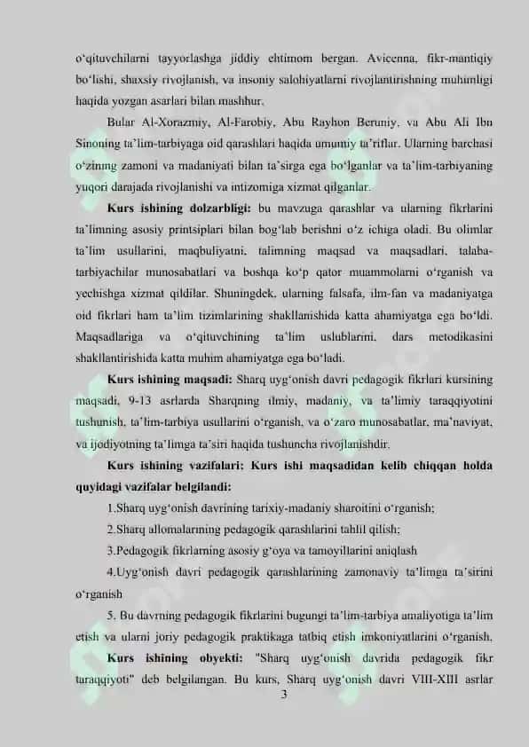 Sharq uyg‘onish davri allomalarining (Muhammad al-Xorazmiy, Abu Nasr Farobiy, Abu Rayhon Beruniy, Abu Ali ibn Sino) ilmiy merosi va didaktik qarashlari 3