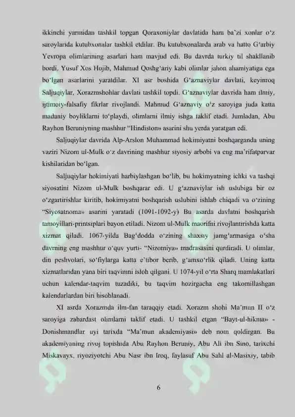 Sharq uyg‘onish davri allomalarining (Muhammad al-Xorazmiy, Abu Nasr Farobiy, Abu Rayhon Beruniy, Abu Ali ibn Sino) ilmiy merosi va didaktik qarashlari 6