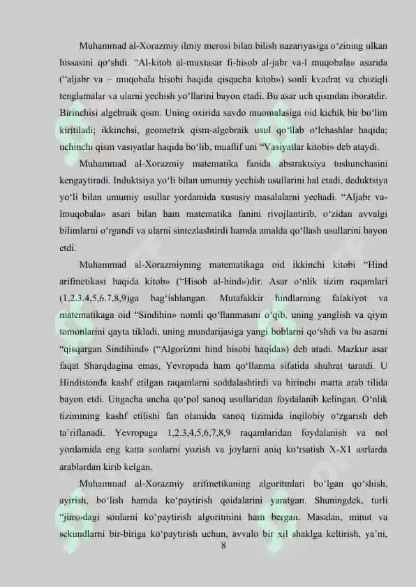 Sharq uyg‘onish davri allomalarining (Muhammad al-Xorazmiy, Abu Nasr Farobiy, Abu Rayhon Beruniy, Abu Ali ibn Sino) ilmiy merosi va didaktik qarashlari 8