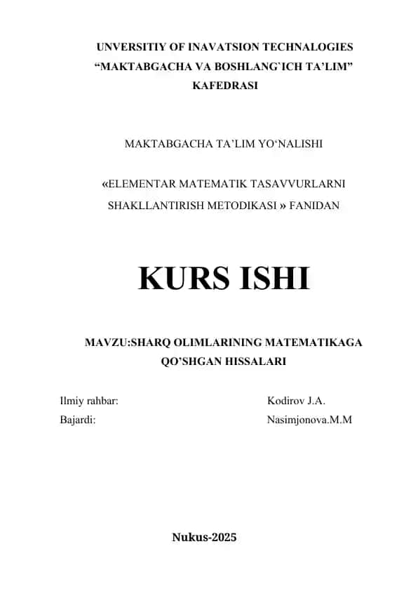 mavzu; sharq olimlarining matematikaga qo'shgan hissalari