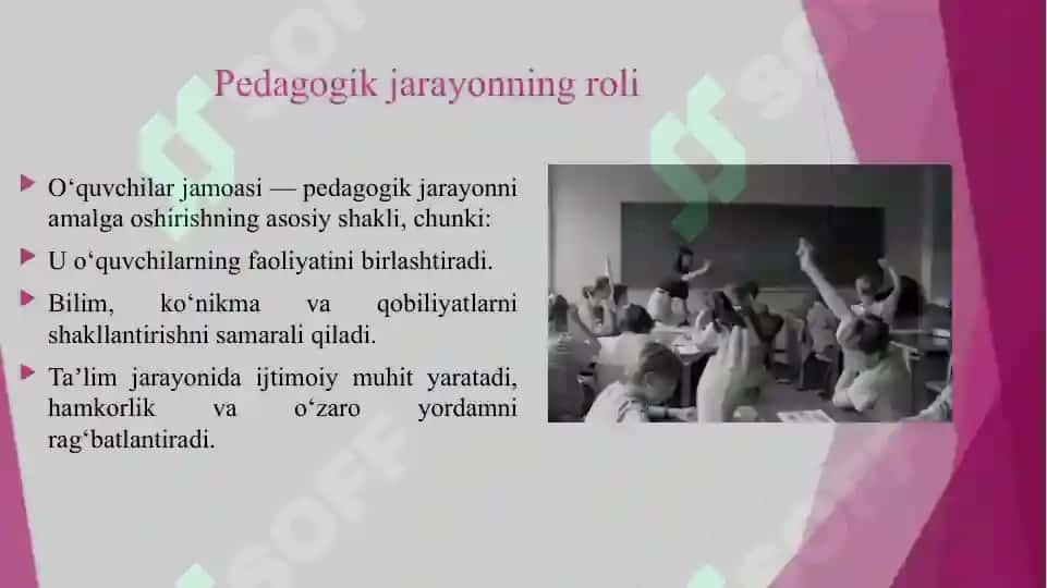 OʻQUVCHILAR JAMOASI YAXLIT PEDAGOGIK JARAYONINING ASOSIY SHAKLI 4