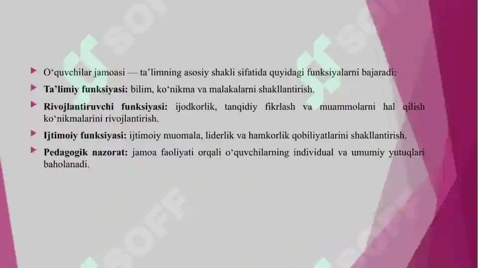 OʻQUVCHILAR JAMOASI YAXLIT PEDAGOGIK JARAYONINING ASOSIY SHAKLI 7