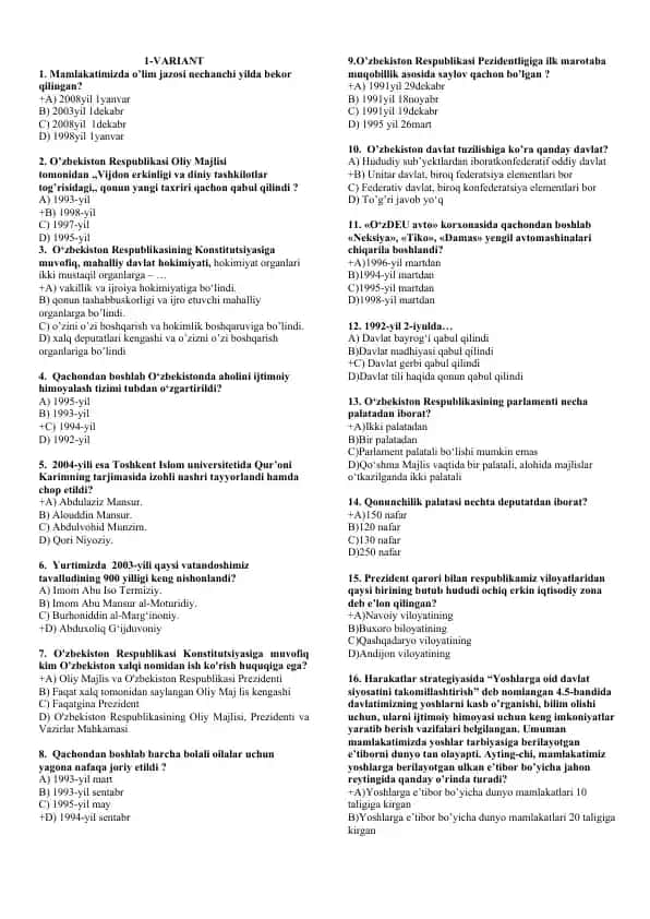 O'zbekistonning eng yangi tarixi fanidan testlar javoblari bilan.