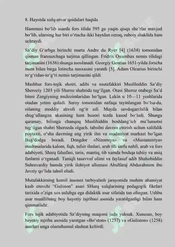 Sa’diy Sheroziyning “Guliston” asarining sharq adabiyotida tutgan o’rni 2