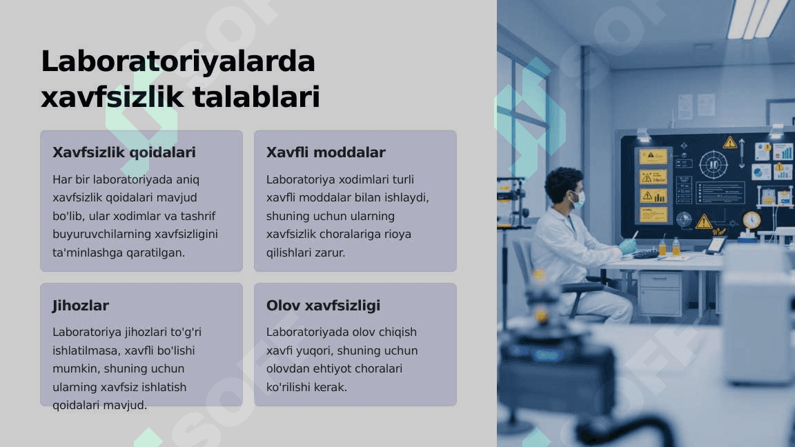 LABORATORIYADA XAVFSIZ ISHLASH, ZARURIY VOSITALARDAN FOYDALANISH TALABLARI 2