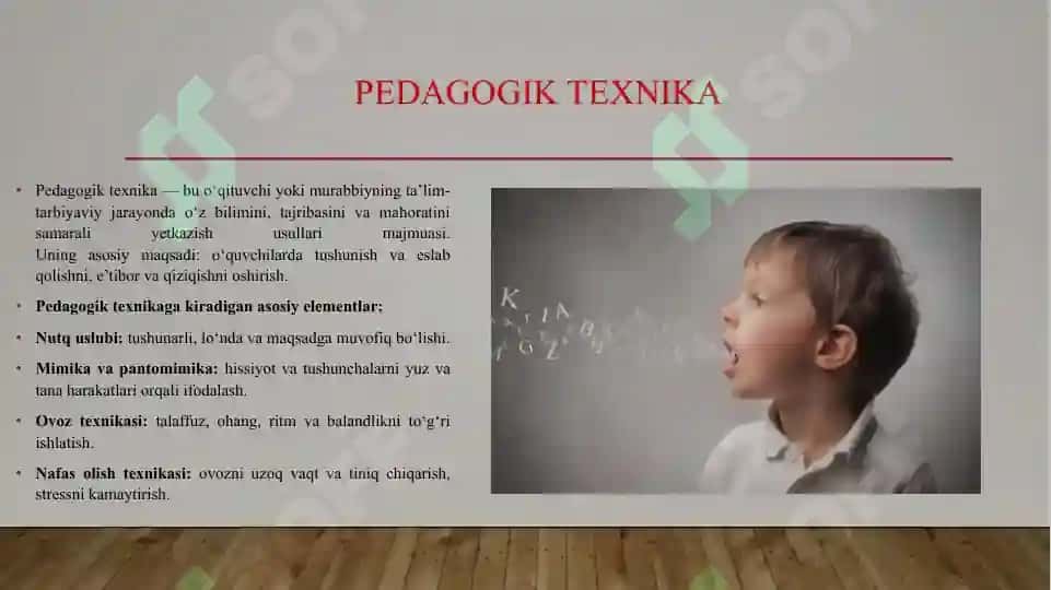 Pedagogik texnika mimika va pantanomik maxorat. Nutq texnikasi asoslari, nafas olish ovoz. 3