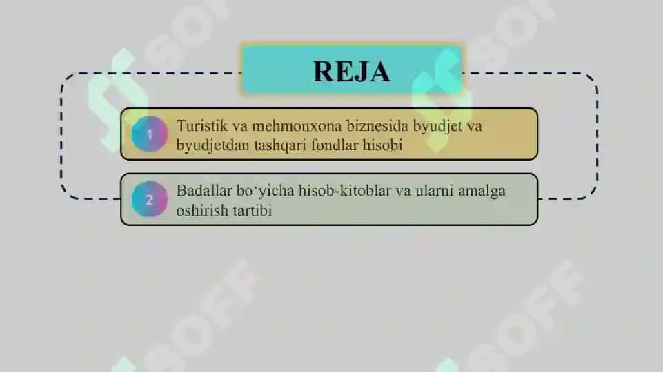 Turistik va mehmonxona biznesida byudjet va byudjetdan tashqari fondlarga to‘lovlar hamda badallar bo‘yicha hisob-kitoblar hisobi SLAYD 2