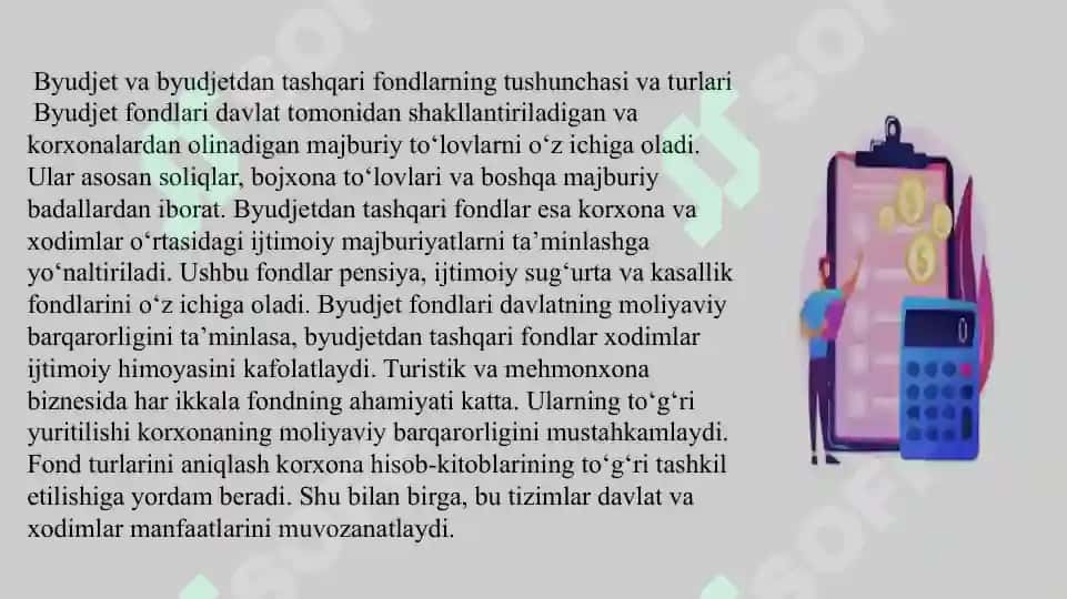 Turistik va mehmonxona biznesida byudjet va byudjetdan tashqari fondlarga to‘lovlar hamda badallar bo‘yicha hisob-kitoblar hisobi SLAYD 4