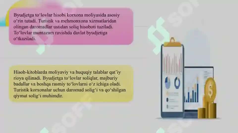 Turistik va mehmonxona biznesida byudjet va byudjetdan tashqari fondlarga to‘lovlar hamda badallar bo‘yicha hisob-kitoblar hisobi SLAYD 5