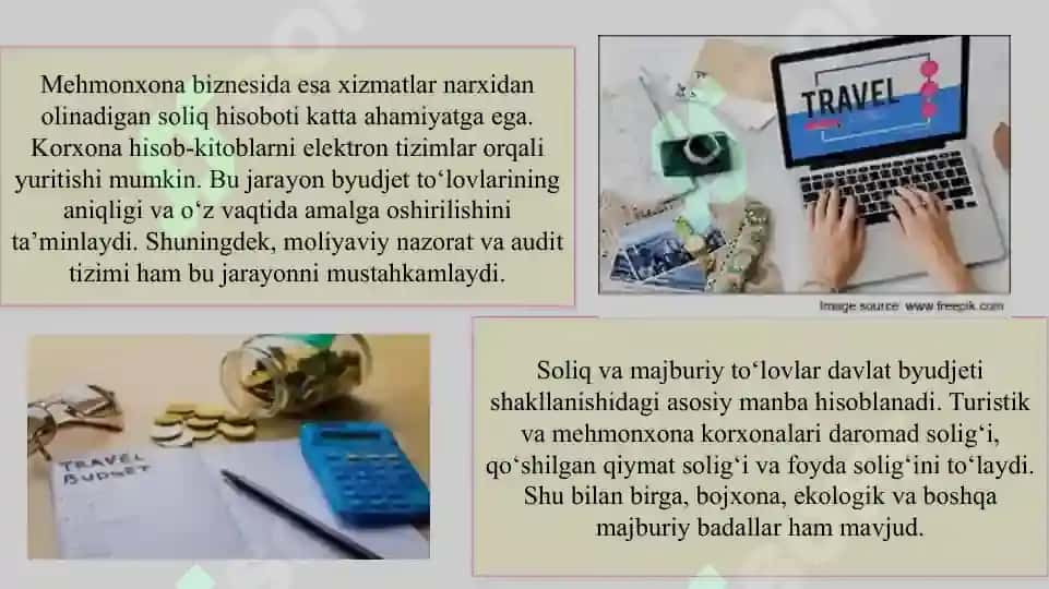 Turistik va mehmonxona biznesida byudjet va byudjetdan tashqari fondlarga to‘lovlar hamda badallar bo‘yicha hisob-kitoblar hisobi SLAYD 6
