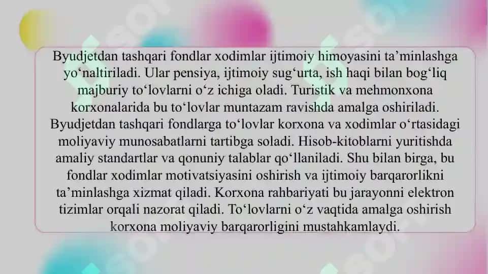 Turistik va mehmonxona biznesida byudjet va byudjetdan tashqari fondlarga to‘lovlar hamda badallar bo‘yicha hisob-kitoblar hisobi SLAYD 8