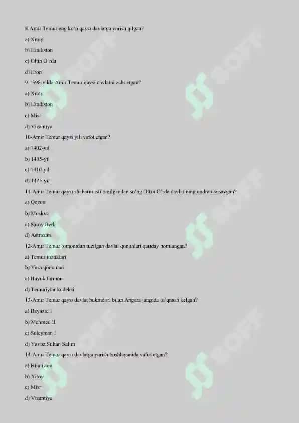 Amir Temur haqida test savollari 2