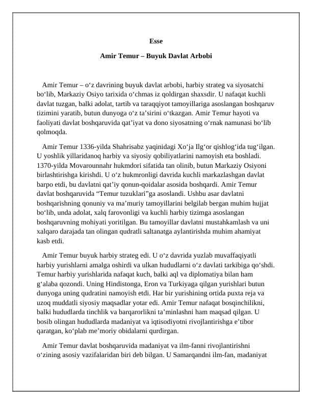 Amir Temur - davlat arbobi. Insho. Esse 1