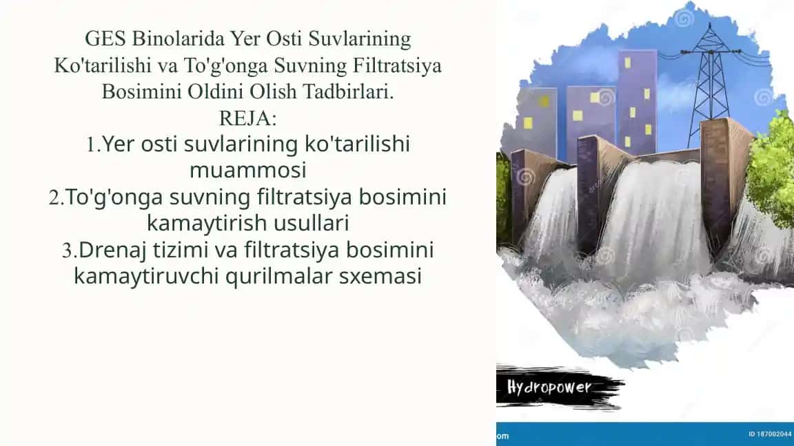 Yer osti suvlarining ko'tarilishi va To'g'onga Suvning Filtratsiya Bosimini Oldini Olish Tadbirlari