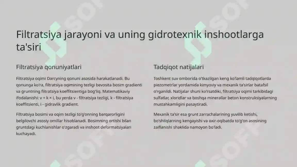 Yer osti suvlarining ko'tarilishi va To'g'onga Suvning Filtratsiya Bosimini Oldini Olish Tadbirlari 3