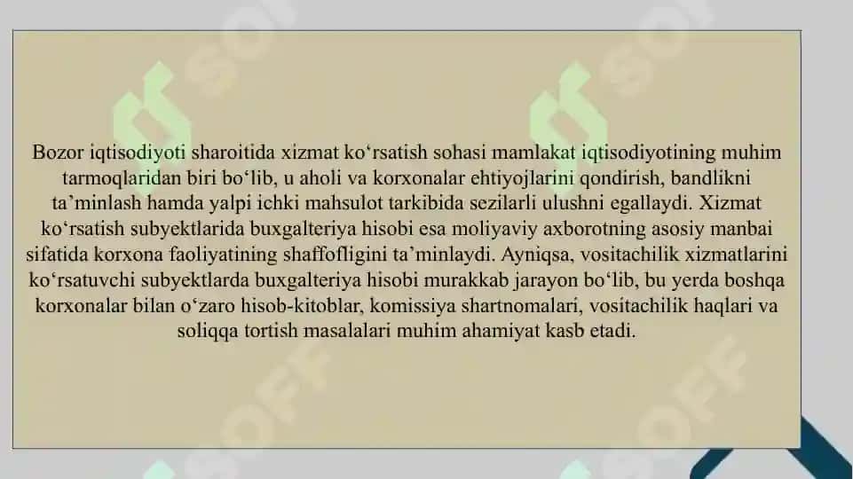Xizmat koʻrsatish subyektlarida buxgalteriya Vositachilik xizmatlarini koʻrsatuvchi subyektlarda buxgalteriya hisobi 3
