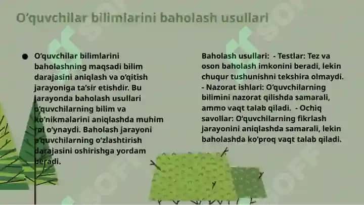 Tabiiy fanlar nazariyasi va metodikasini o‘qitish bo‘yicha o‘quvchilar bilimlarini nazorat qilish va baholash. Bilimlarni tekshirishning o‘zlashtirish yuqori bo‘lishi uchun tutgan o‘rni 3