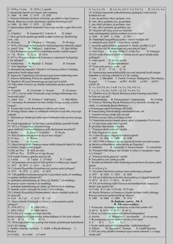 9-sinf jahon tarixi mavzulashtirilgan testlar 2
