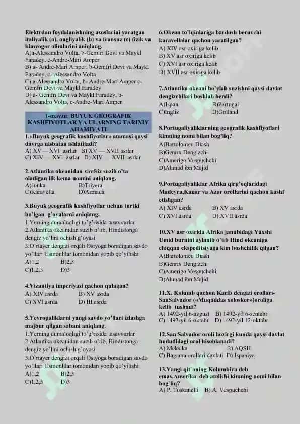 8-sinf jahon tarixi mavzulashtirilgan test 3