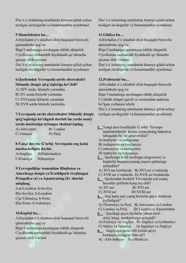 8-sinf jahon tarixi mavzulashtirilgan test 5