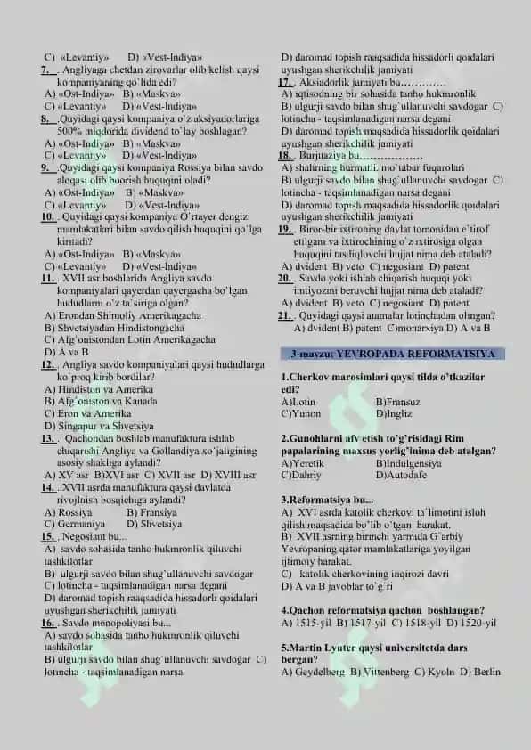 8-sinf jahon tarixi mavzulashtirilgan test 6