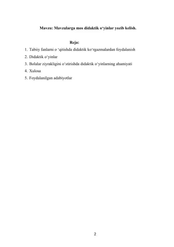 Mavzularga mos didaktik oʻyinlar yozib kelish 1