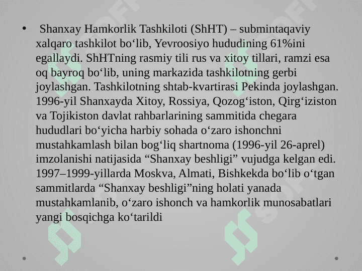 O‘zbekistonning Shanxay Hamkorlik Tashkiloti bilan aloqalari 2