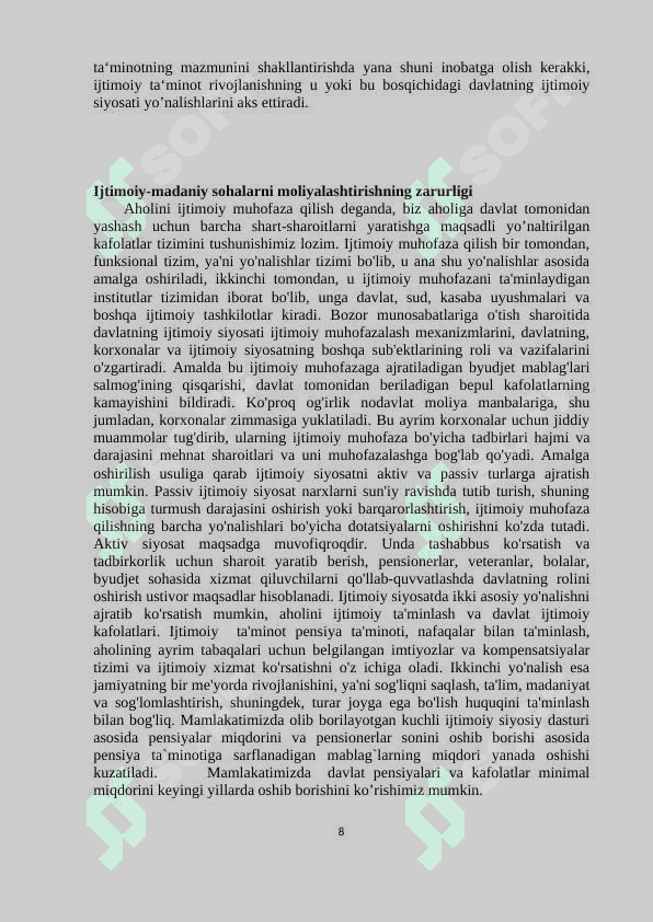 IJTIMOIY MADANIY SOHALARNI MOLIYALASHTIRISHDA BYUDJETNING  O’RNI VA  AHAMIYATI. 8