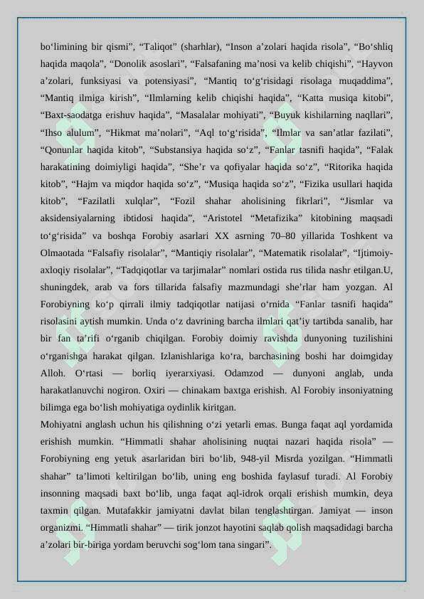Abu Nasr al-Forobiy (873-950) asarlarining roʻyxatini tuzish hamda ularning bugungi kunda saqlangan makonlari togʻrisida koʻrsatkich 2