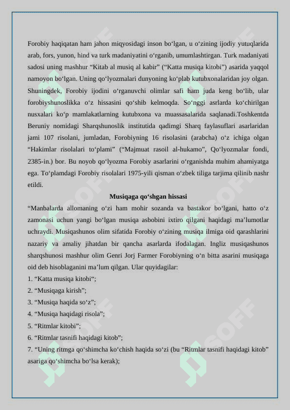 Abu Nasr al-Forobiy (873-950) asarlarining roʻyxatini tuzish hamda ularning bugungi kunda saqlangan makonlari togʻrisida koʻrsatkich 3