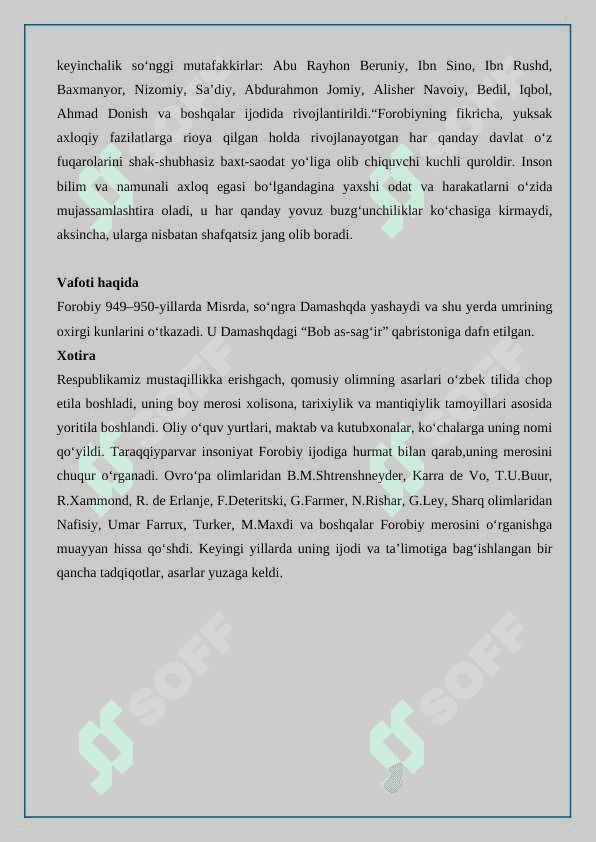 Abu Nasr al-Forobiy (873-950) asarlarining roʻyxatini tuzish hamda ularning bugungi kunda saqlangan makonlari togʻrisida koʻrsatkich 6