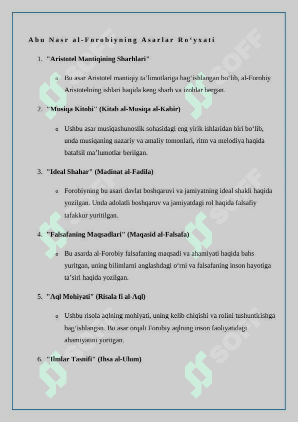 Abu Nasr al-Forobiy (873-950) asarlarining roʻyxatini tuzish hamda ularning bugungi kunda saqlangan makonlari togʻrisida koʻrsatkich 7