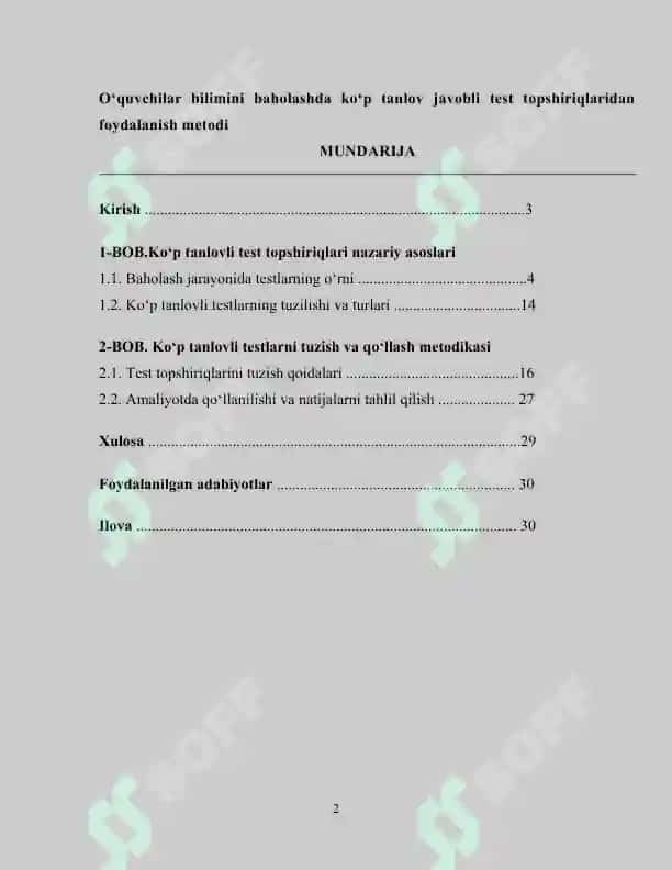 O‘quvchilar bilimini baholashda ko‘p tanlov javobli test topshiriqlaridan foydalanish metodi kurs ishi 2
