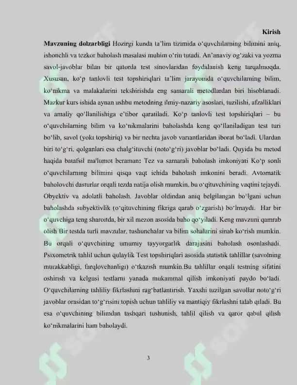 O‘quvchilar bilimini baholashda ko‘p tanlov javobli test topshiriqlaridan foydalanish metodi kurs ishi 3