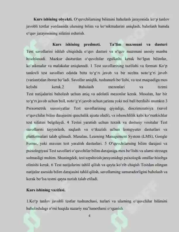O‘quvchilar bilimini baholashda ko‘p tanlov javobli test topshiriqlaridan foydalanish metodi kurs ishi 4