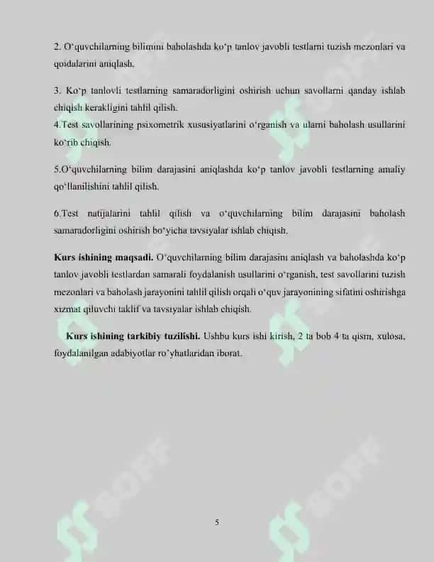 O‘quvchilar bilimini baholashda ko‘p tanlov javobli test topshiriqlaridan foydalanish metodi kurs ishi 5