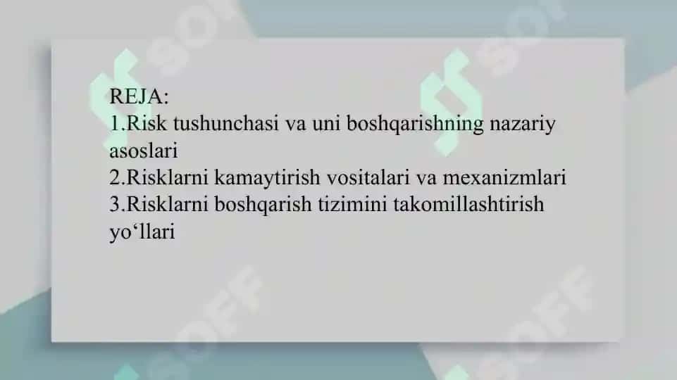 Risklarni boshqarishda diversifikatsiya, limitlashtirish, sug‘urtalash, axborot yig‘ish va o‘z-o‘zini sug‘urtalashning ahamiyati 2