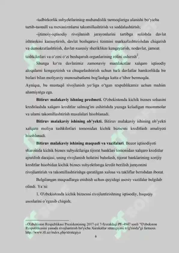 Kichik biznes subyektlarini kreditlashda xalqaro kreditning o'rni 5