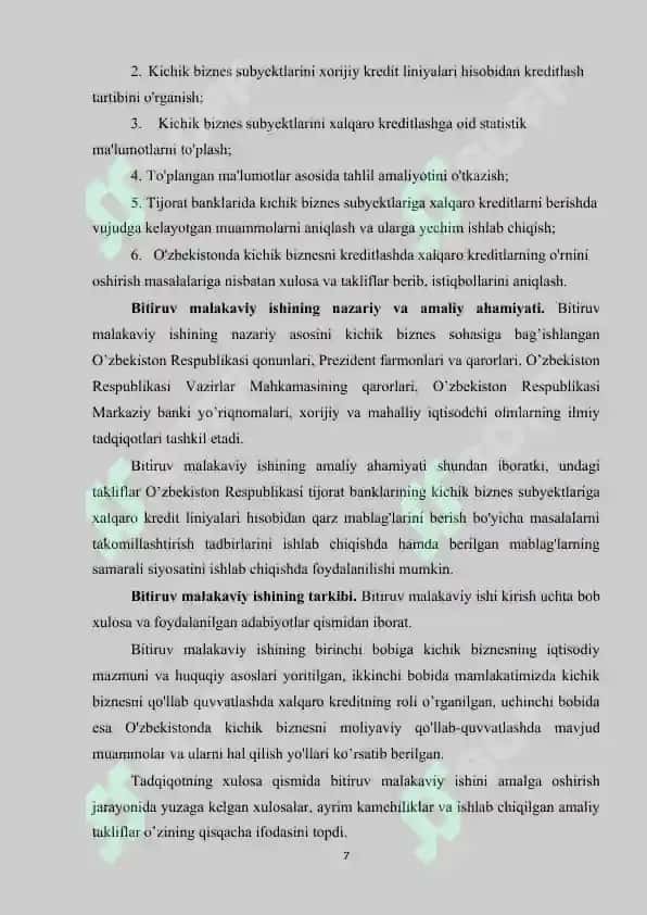 Kichik biznes subyektlarini kreditlashda xalqaro kreditning o'rni 6