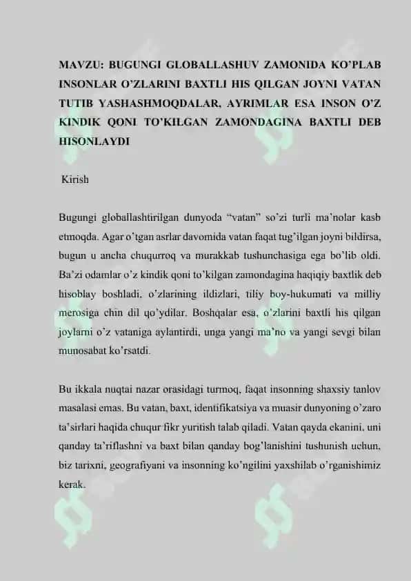 BUGUNGI GLOBALLASHUV ZAMONIDA KO’PLAB INSONLAR O’ZLARINI BAXTLI HIS QILGAN JOYNI VATAN TUTIB YASHASHMOQDALAR 2